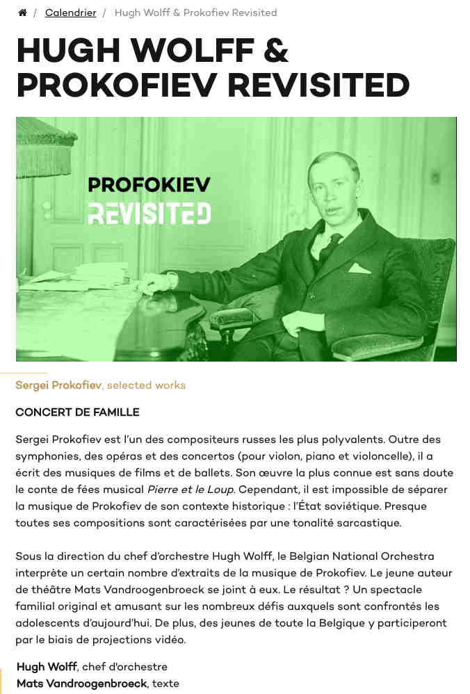 Page Internet. Beaux-Arts - Bozar. Concert de famille - Hugh Wolff & Prokofiev Revisited. 2122-01-14